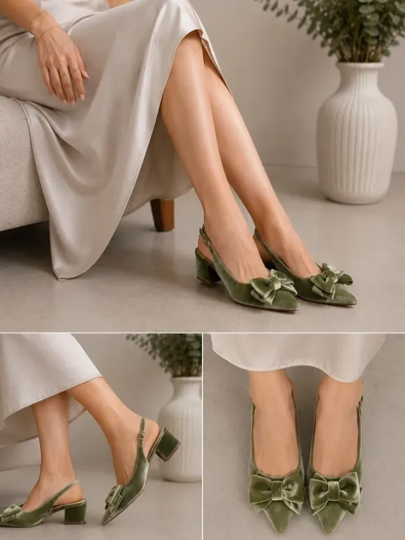 Asos Design Wide Fit Samt Salbeigrün Schleife Fersenriemen weit 36 38 38.5 Kitty Heels Stilettos