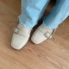 Beige Creme Kunstleder Loafer Mokassins Absatzschuhe Blockabsatz 36