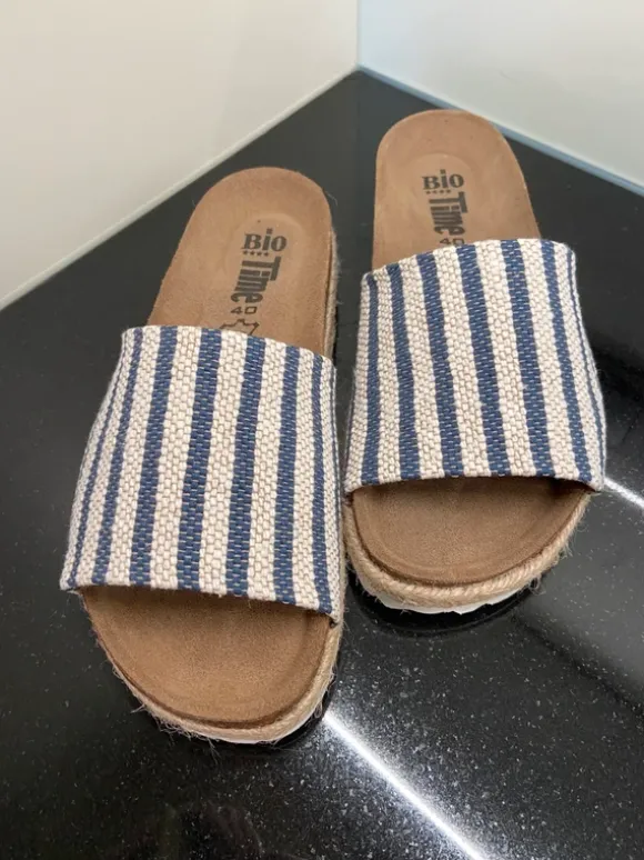 Bio Time Pantoletten Damen Gr. 40 NEU Streifen Marine Sommer Sandalen