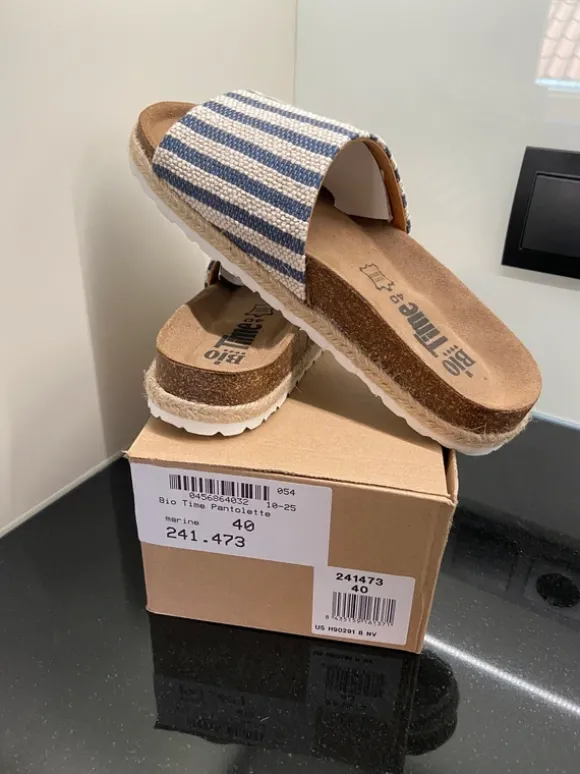 Bio Time Pantoletten Damen Gr. 40 NEU Streifen Marine Sommer Sandalen