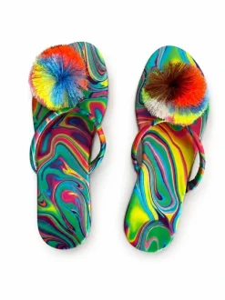 Bunte Sommer-Flip-Flops mit Pompons