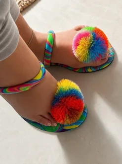 Bunte Sommer-Flip-Flops mit Pompons