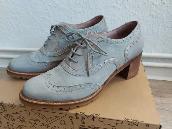 Edle Brogue-Schnürschuhe mit Absatz | Hellgrau / Blau | Vintage Look | Gr. 40