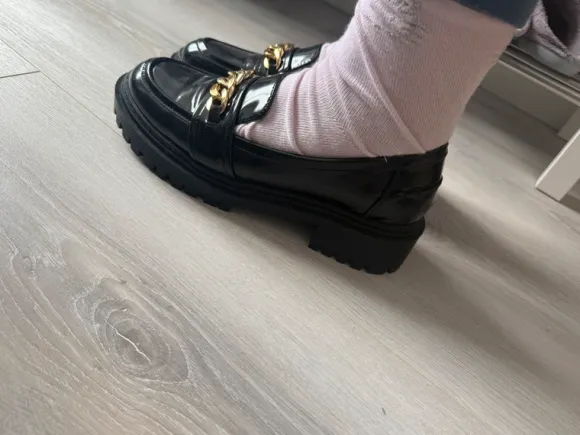 Even&Odd black chunky loafers with gold chain