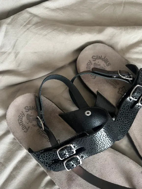 Fantasy sandals sandalen zwart leer grijs suede voetbed