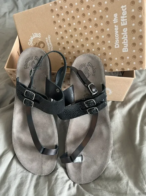 Fantasy sandals sandalen zwart leer grijs suede voetbed