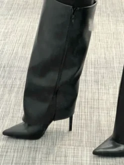 leather knee high stiletto heel flap boots