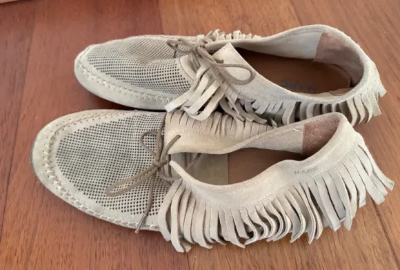 Marc Schoss Ballerina Mokassins Leder Fransen Gr. 42 beige