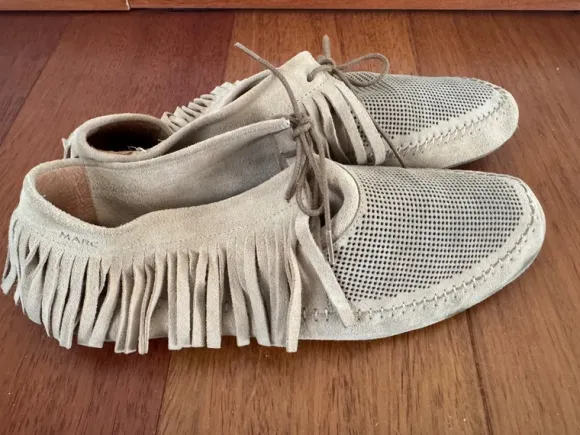 Marc Schoss Ballerina Mokassins Leder Fransen Gr. 42 beige