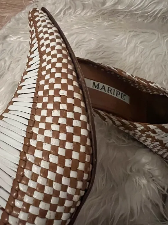 Maripé geflochtenes Leder + Mule / Kitten Heels Gr. 38,5 braun / weiß - super Zustand