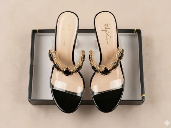 Mules à talons transparents et bijoux