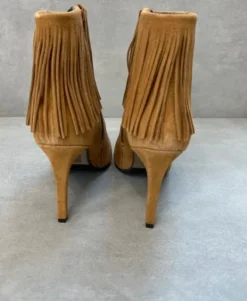 NEU Fransen Ankle Boots Cognac Wildleder Optik Gr. 38 Boho Western Damen High Heels