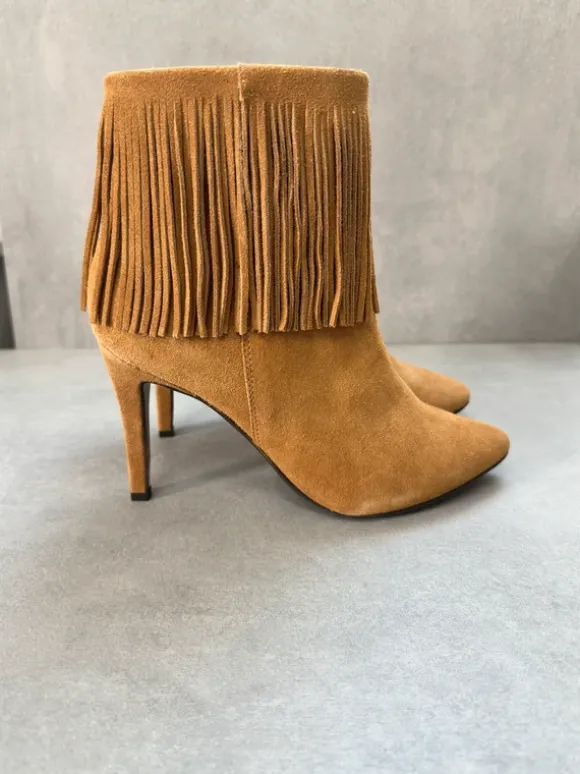 NEU Fransen Ankle Boots Cognac Wildleder Optik Gr. 38 Boho Western Damen High Heels