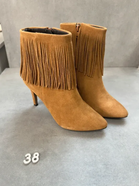 NEU Fransen Ankle Boots Cognac Wildleder Optik Gr. 38 Boho Western Damen High Heels