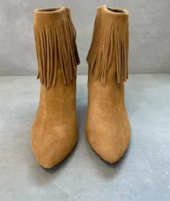 NEU Fransen Ankle Boots Cognac Wildleder Optik Gr. 38 Boho Western Damen High Heels