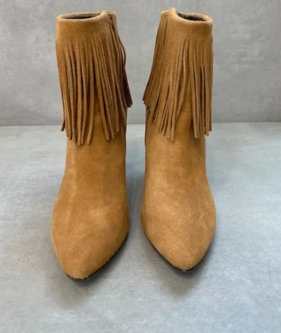 NEU Fransen Ankle Boots Cognac Wildleder Optik Gr. 38 Boho Western Damen High Heels