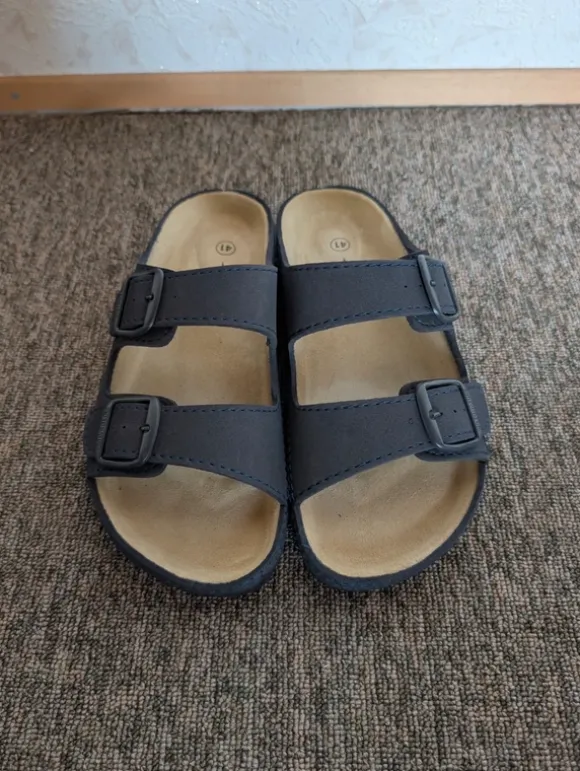 Neu, ungetragen: Hausschuhe Bio to Nature Gr. 41 Leder-Fußbett Sommerschuhe Komfort-Pantoletten blau