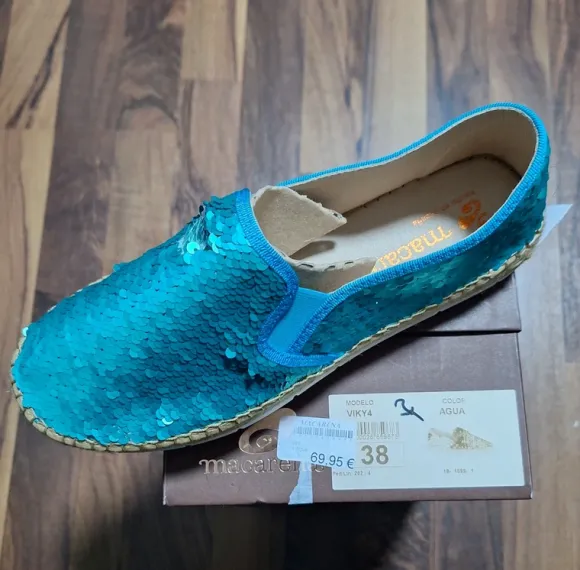 Original Pailletten Espadrilles Ballarinas von Macarena türkis, petrol, Gr. 38