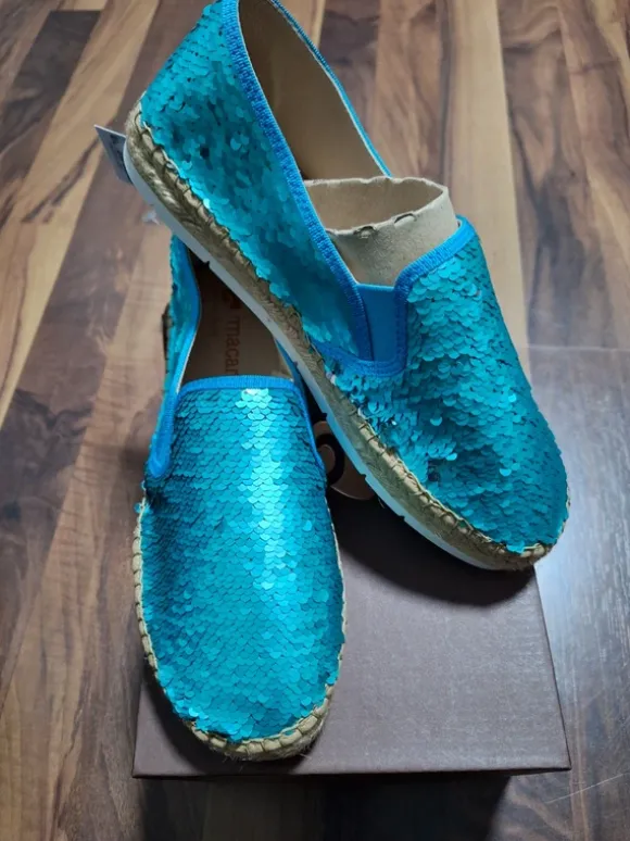 Original Pailletten Espadrilles Ballarinas von Macarena türkis, petrol, Gr. 38