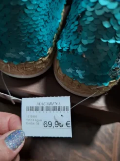 Original Pailletten Espadrilles Ballarinas von Macarena türkis, petrol, Gr. 38