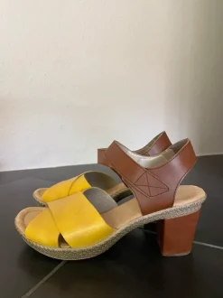 Rieker Damen Sandalette Heels 39 gelb braun color block Sandalen
