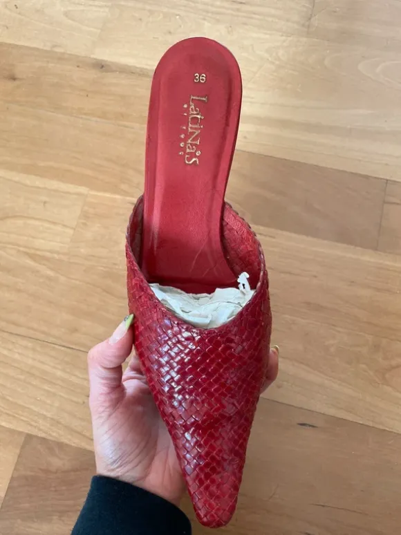 Rote Vintage Mules / Pantoletten in Flechtoptik – Größe 36