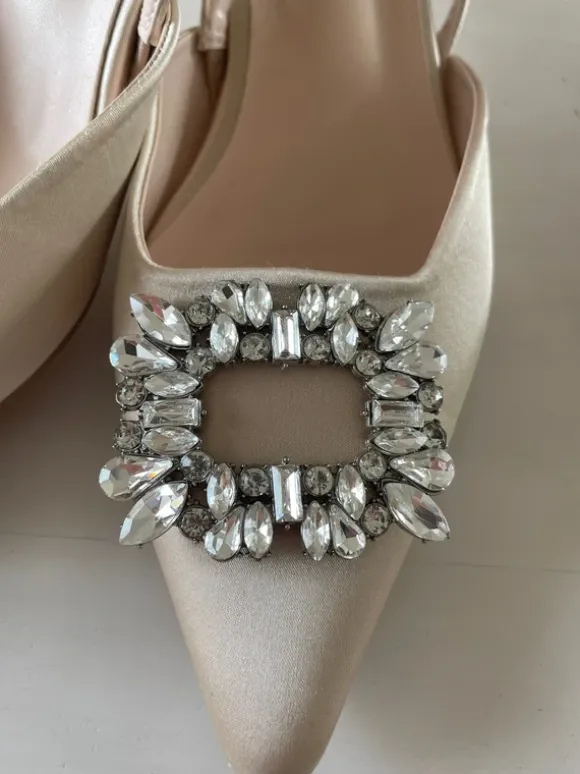 Sling Pumps Riemchen beige Strass Schnalle Satin Hochzeit Brosche 42 41 NEU