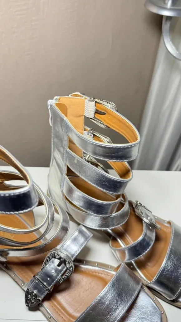 **Statement Gladiator Sandalen Silber Metallic mit Schnallen Gr. 40**