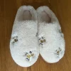 White teddy house shoes with flowers
