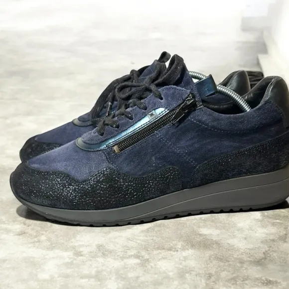 Xsensible Stretchwalker sneakers donkerblauw suede met rits – comfortabele luxe sneakers
