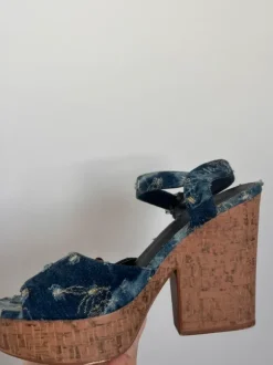 Y2K Denim Platform Heels Embroidered Cork Block Sandals 🔥